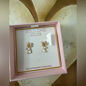Gold Cake Demi Fine Gold Plated Hand Painted Easter Bunny Rabbit & Bow Earrings